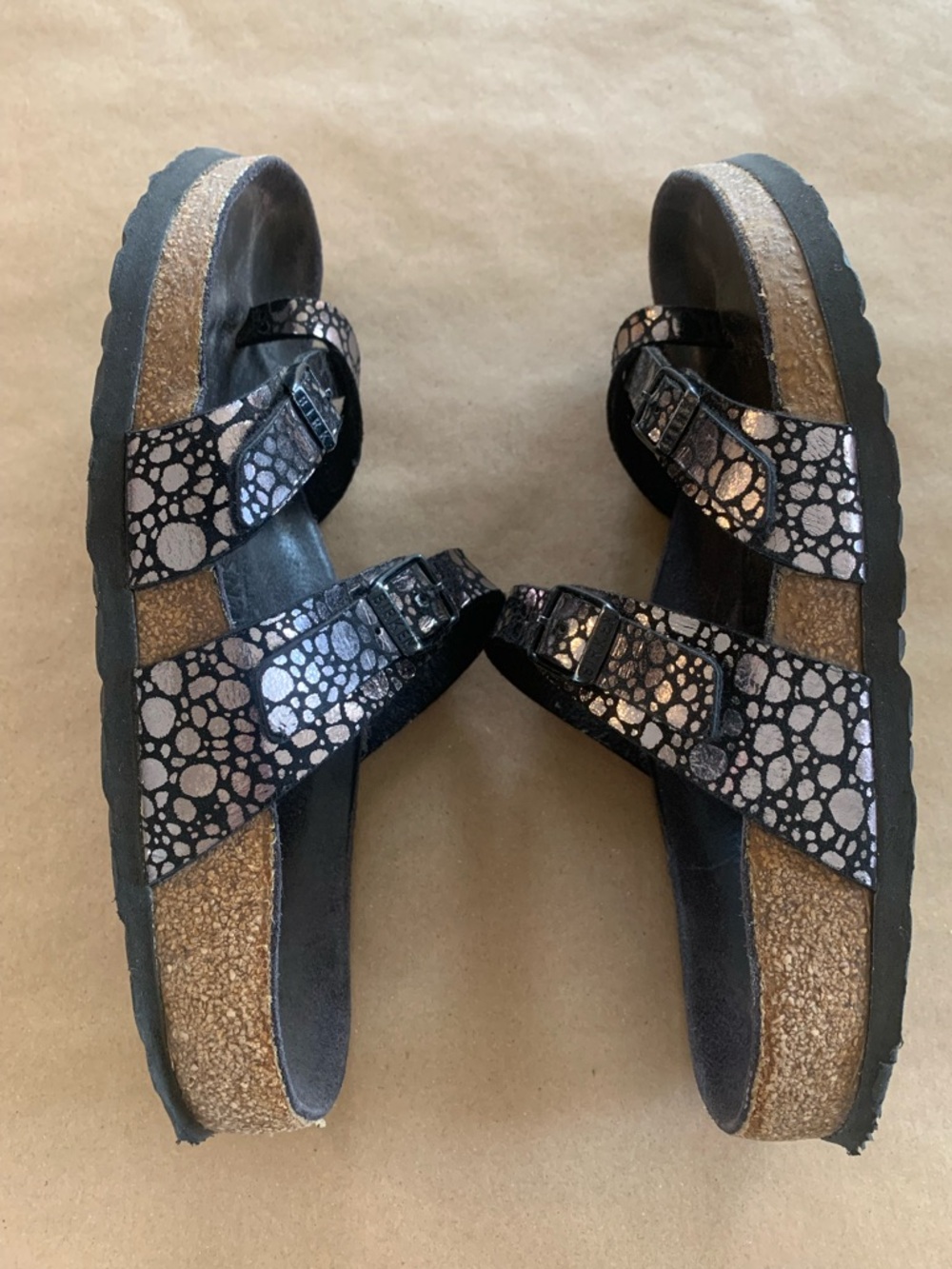 Birkenstock Mayari Birko Flor Black Metallic Stones Pebble-Print Sandals Size 37 - Picture 4 of 6